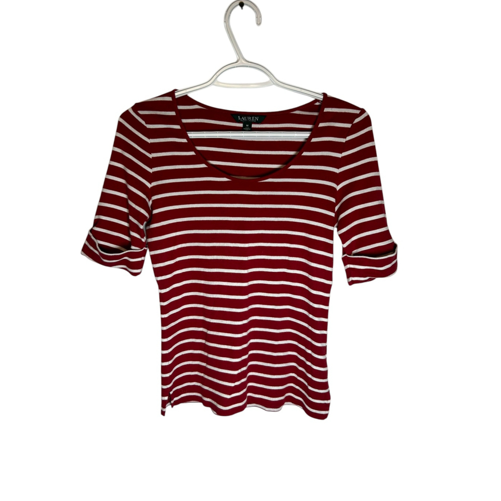 Red T-Shirt with White Stripes, Ralph Lauren, Size Medium